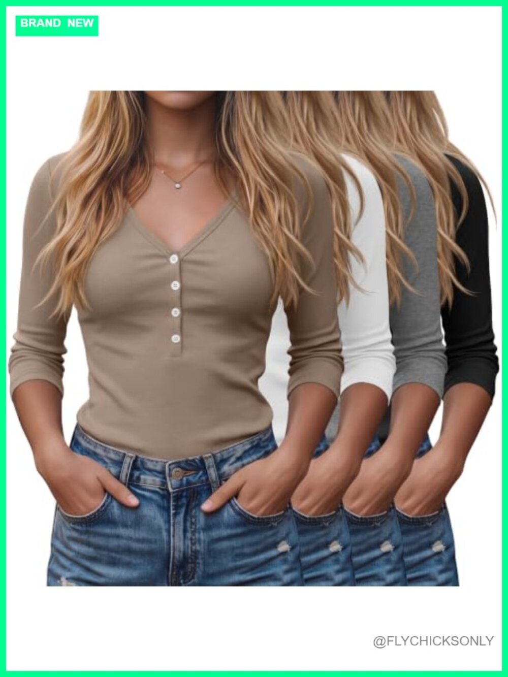 Women's 3/4 Sleeve V-Neck Henley Tops 4 Pack Polyester Cotton Spandex